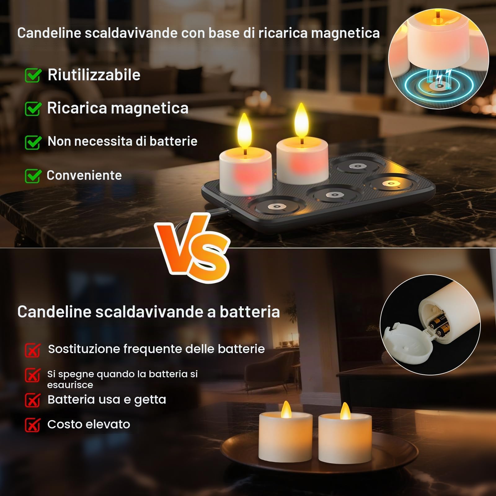 PChero Candele da tè ricaricabili con stazione magnetica, confezione da 6 candele elettriche senza fiamma a LED tremolanti con timer remoto per esterni, impermeabili, per casa, camera, bagno, giardino