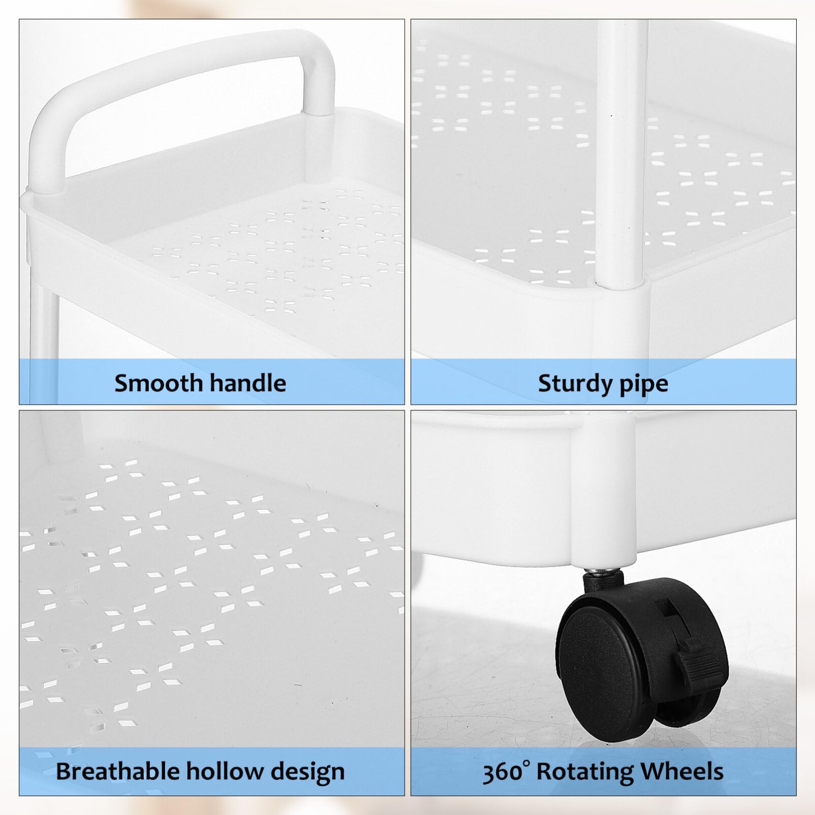 Carrito Organizador Ruedas de 3 Niveles, Plástico Blanco, Portátil | Diseño Simple y Elegante, Montaje Fácil, Amplio Espacio, Uso en Dormitorio y Habitación