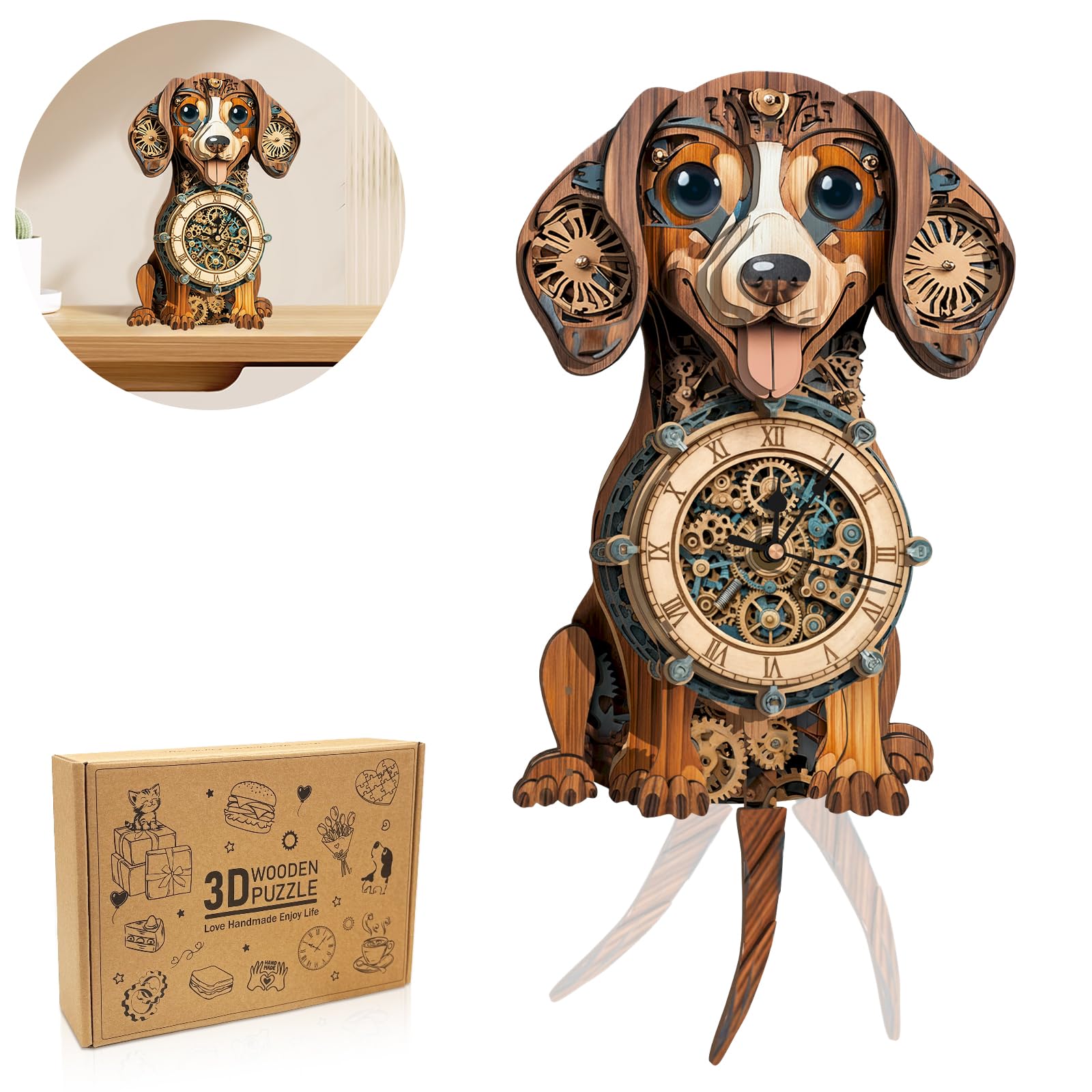 Cutywood 3d Puzzles for Adults-Dachshund Clock with Functional Timepiece, 3d Wood Puzzle (8 * 15.6in), Animal 3d Jigsaw Puzzles Desk/Wall Art Home Decor/Gifts for Friends/Family Game Night