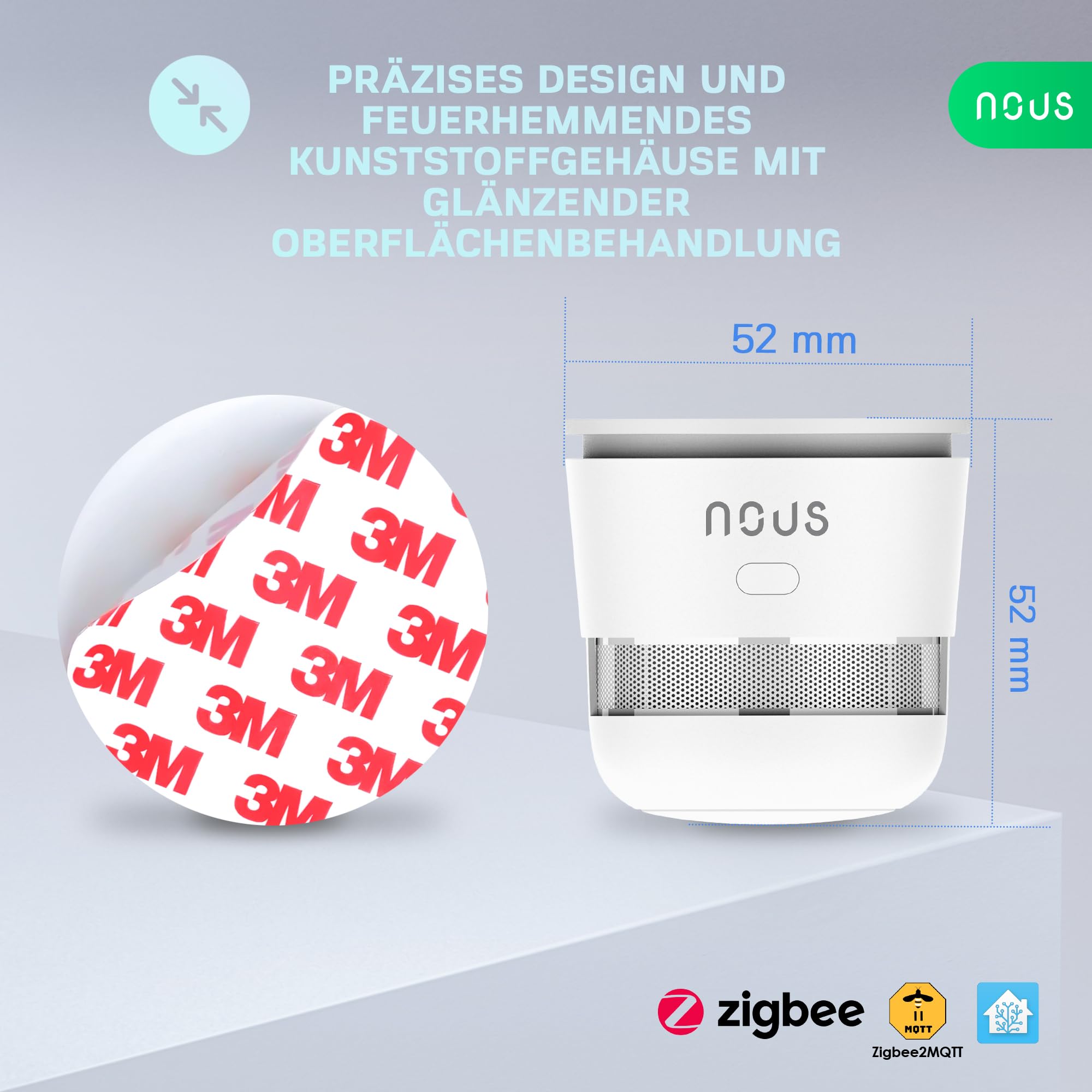 NOUS E8 Détecteur de Fumée Zigbee Intelligent, Capteur Photoélectrique avec Alarme 85dB, Batterie 3 Ans, Contrôle Via Application, Compatible Alexa, Google Assistant, pour Maison Et Bureau