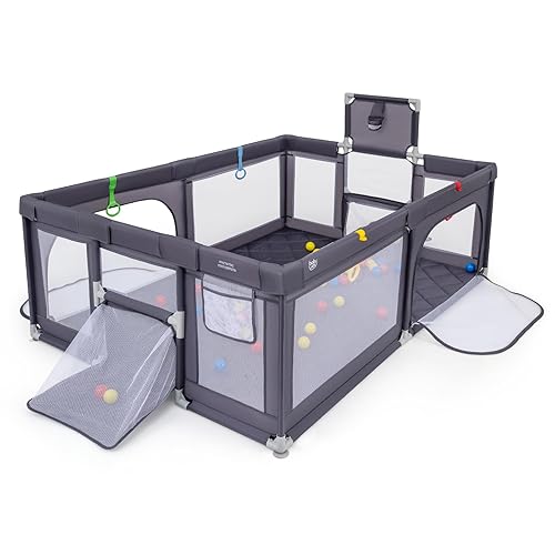 Miniatura 9 de Costzon Corralito grande para bebés, 81 x 57 pulgadas, corralito para bebés y niños pequeños con aro de baloncesto y redes de fútbol, anillos de