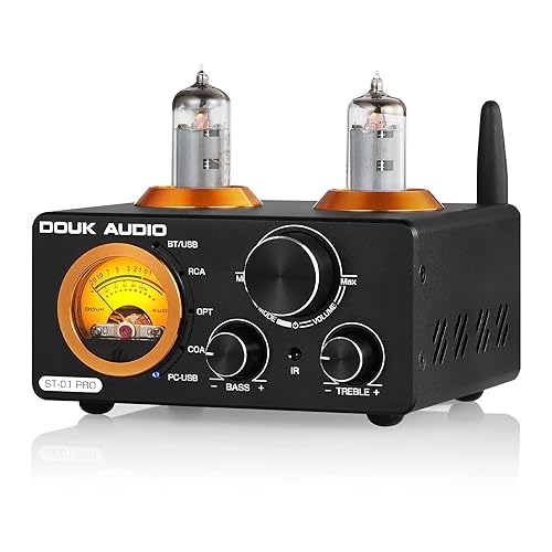 Amplificador Bluetooth Douk Audio ST-01 PRO 200W, Amplificador de Potencia de Tubos de Vacío de 2 Canales con DAC USB/Entradas Ópticas Coaxiales/Medidor VU/Control de Graves y Agudos para Cine en Casa/Altavoces Estéreo (Versión Mejorada)
