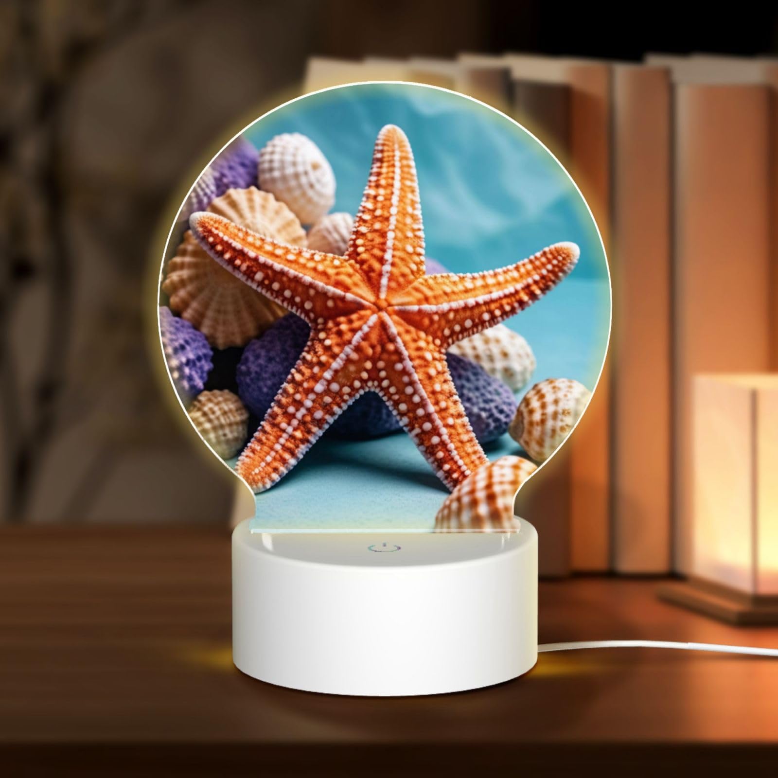 KLAMN Round Acrylic Touch Bedside Night Light,Blue background starfish Printed LED Night Lamp with USB plug,3 Colours Dimmable, WZ201