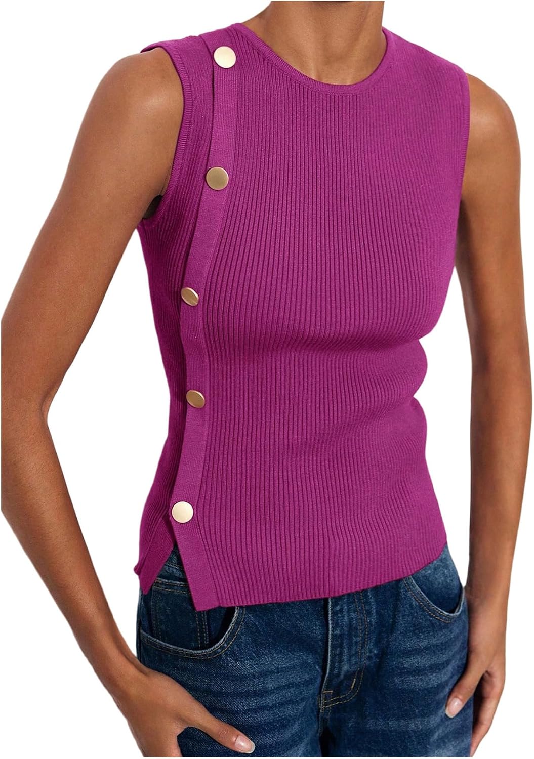 MakeMeChic Women's Sweater Vest Crewneck Metal Button Sleeveless Fitted Knit Tops
