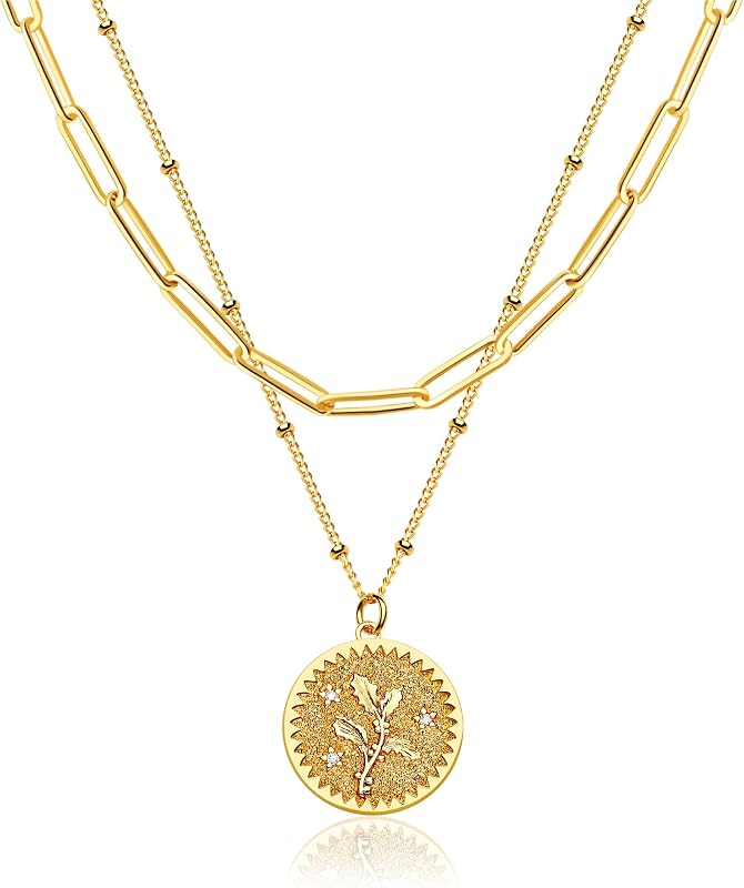 MEVECCO Collar de moneda de flor de nacimiento de oro para mujer, gargantilla de cadena con clip, juego de capas, disco en relieve, colgante de 12 meses, chapado en oro de 18 quilates, delicada cadena satélite, joyería de cumpleaños personalizada para ella