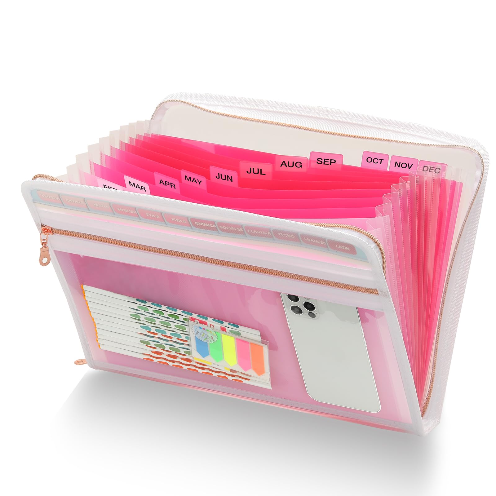 H4D 13 Pocket Expanding File Folder Organizer with Front Clear Pounch, Accordion File Organizer with Zipper Clourse, Fit for Letter Size Papers, Pink