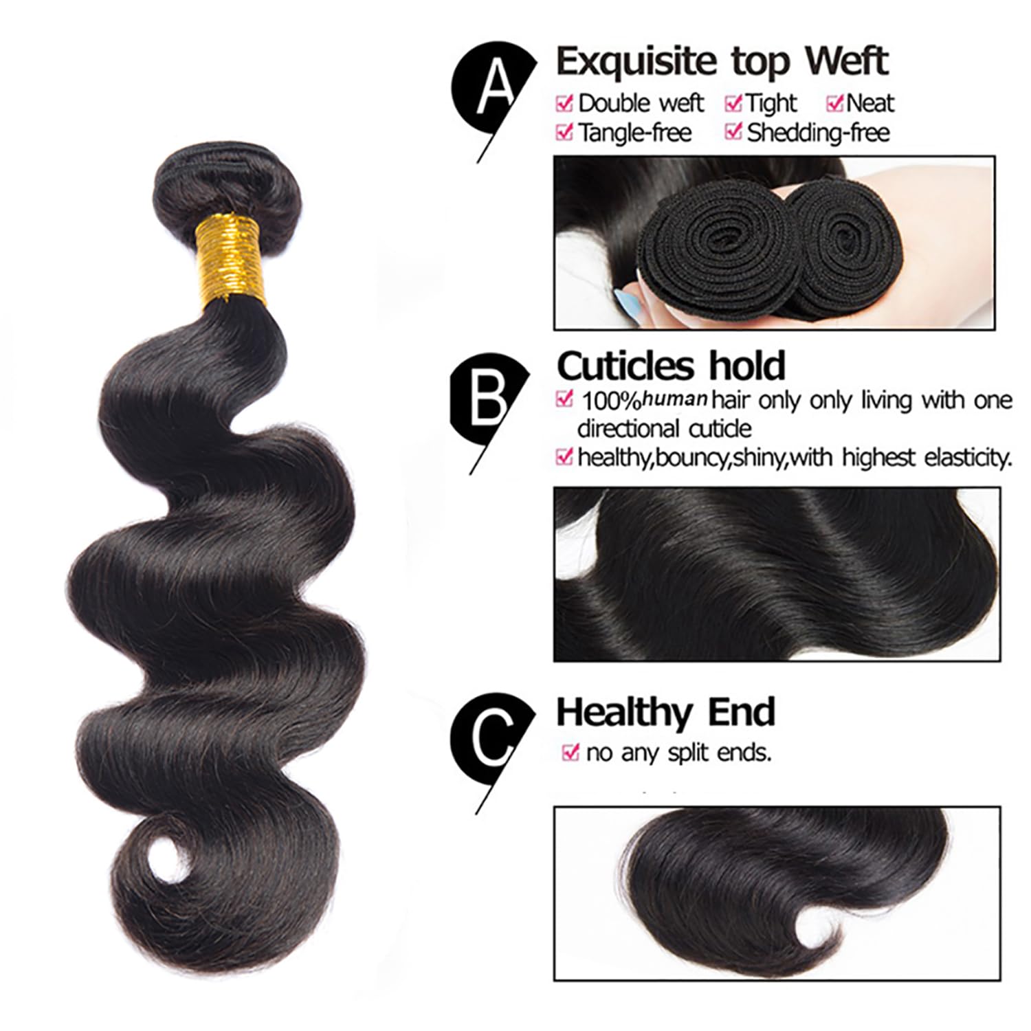 Tissage Naturel Cheveux Humain Body Wave Human Hair Bundles Double Weft 3 Extensions 50g/Per Nature Black Couleur Tissage en lot Cheveux Naturel 16 18 20 Pouce