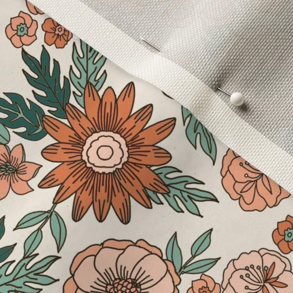 Spoonflower Fabric - Retro Floral Hippie Peach Brown Trendy 70S Printed on Upholstery Velvet Fabric Fat Quarter - Upholstery Home Decor Bottomweight Apparel