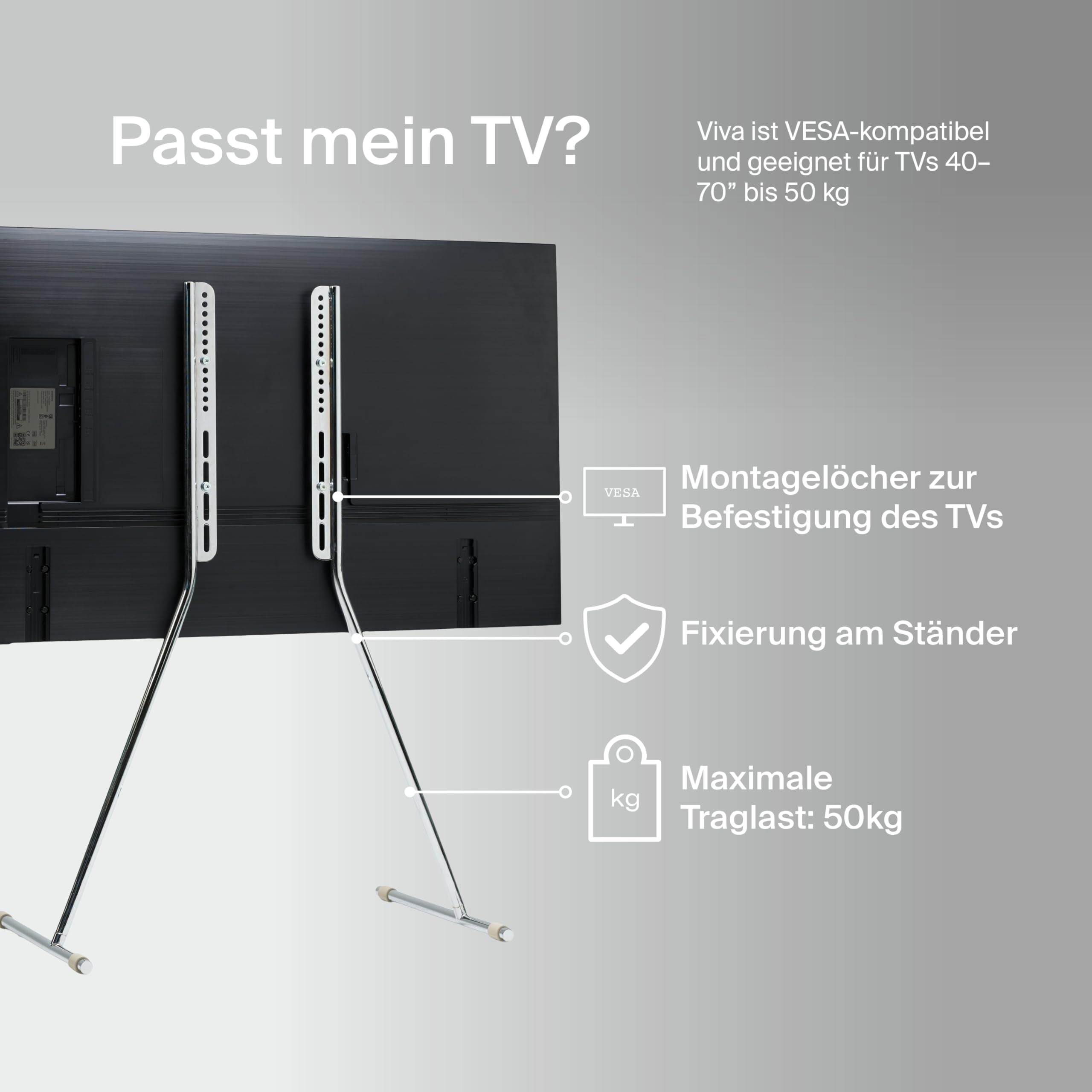 Pedestal Viva Chrome - Fernsehständer ohne Rollen in Modernem Design für Fernseher von 32 bis 70 Zoll, Stilvoller und Kompakter TV Standfuss aus Stahl, 2 Jahre Garantie (Chrom)