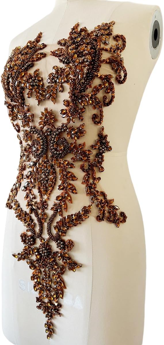 Handmade Shiny Rhinestones Applique handsewing Beaded Sequins Crystal on lace Trim Patches for Prom Dress Clothing Decorative Accessories (Brown)