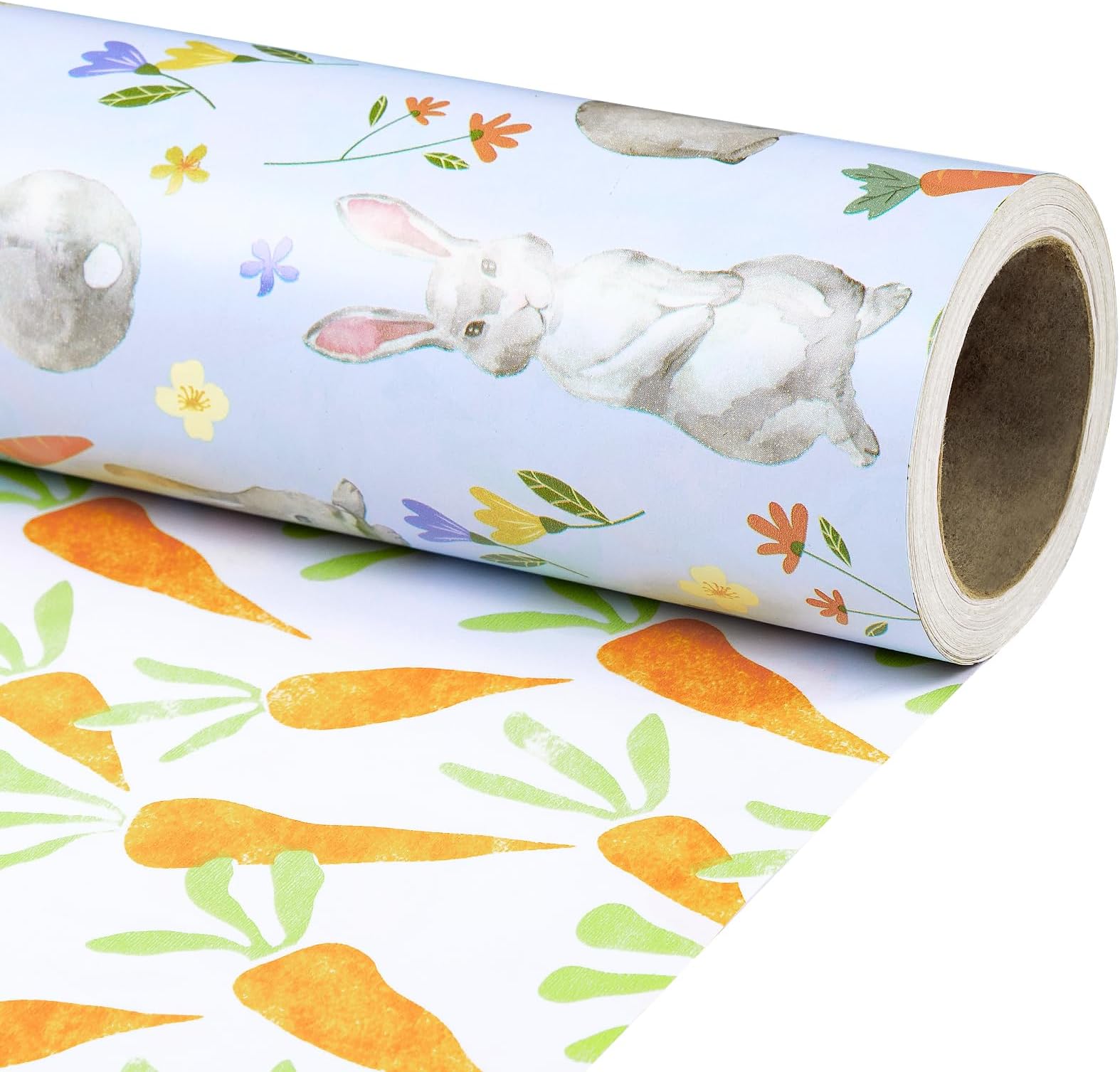 RUSPEPA Reversible Easter Wrapping Paper Roll, Mini Roll, Cute Bunny, Flowers and Watercolor Carrot Design, Spring Gift Wrap Paper for Kids Easter Gifts, Baby Shower, Birthday, 17 Inches x 16.4 Feet