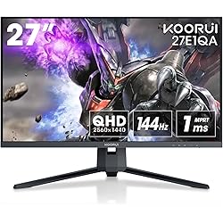 KOORUI Gaming Monitor 27 pulgadas, QHD 2560 x 1440 PC pantalla con tecnología Adaptive-Sync (VA Panel, 144Hz, 1ms, DCI-P3 90%, Gsync Compatibilidad, VESA, DisplayPort, inclinación ajustable)