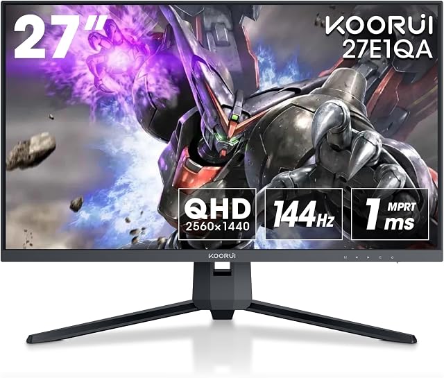 KOORUI Gaming Monitor 27 cali, QHD 2560 x 1440 PC ekran z technologią Adaptive-Sync (VA Panel, 144Hz, 1ms, DCI-P3 90%, Zgodność Gsync, VESA, DisplayPort, regulowane nachylenie)