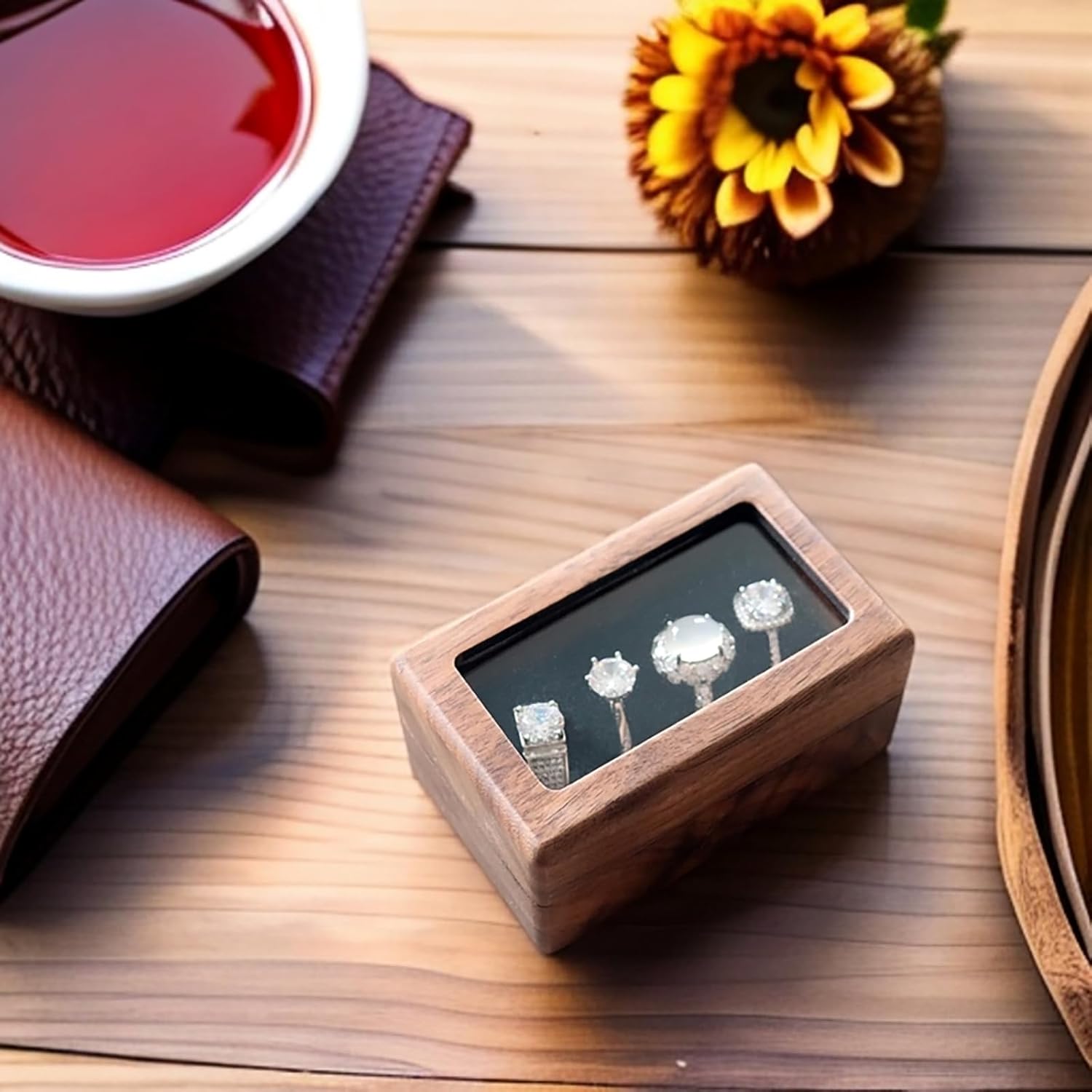 Walnut Wood Ring Box 4 Slot Glass Lid,Wedding Ceremony Ring Bearer Box with Clear Transparent Lid, Proposal Engagement Storage for many Rings, Unique Ring Gift Box for Her, four Slots - Image 8