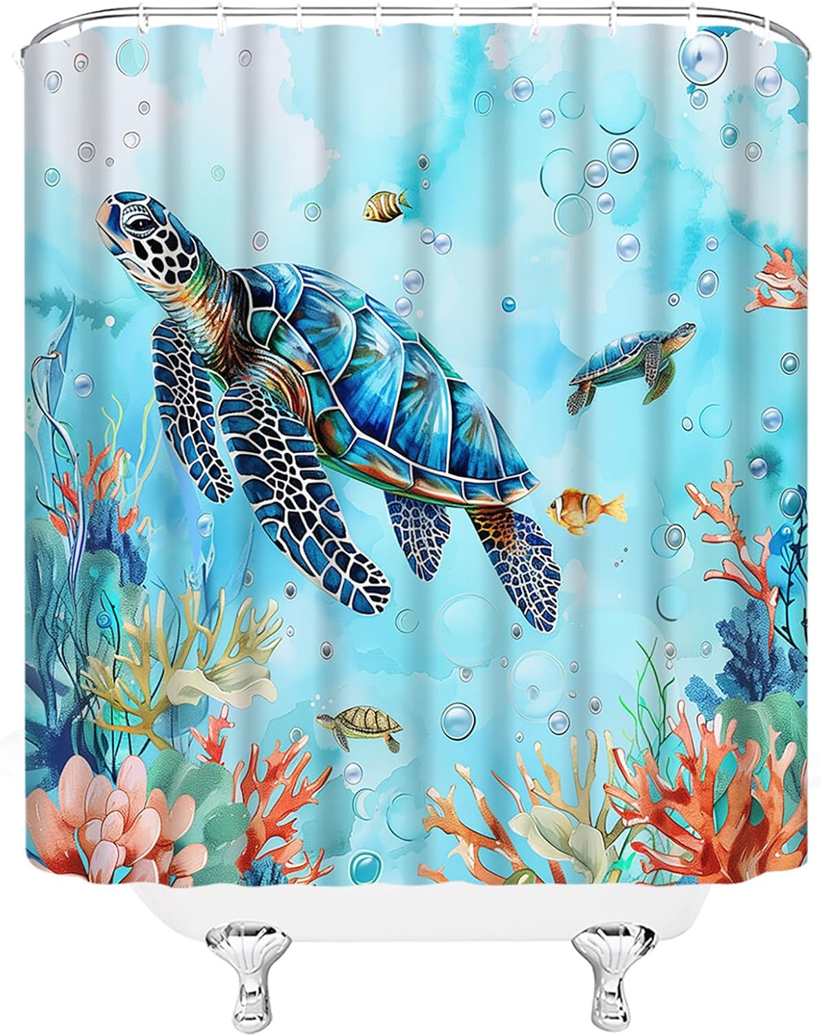 Sea Turtle Shower Curtain Ocean Animal Turtle Coral Underwater Wold Tropical Fish Nautical Biological Marine Life Coastal Summer Fabric Bathroom Decor Curtain with Hooks