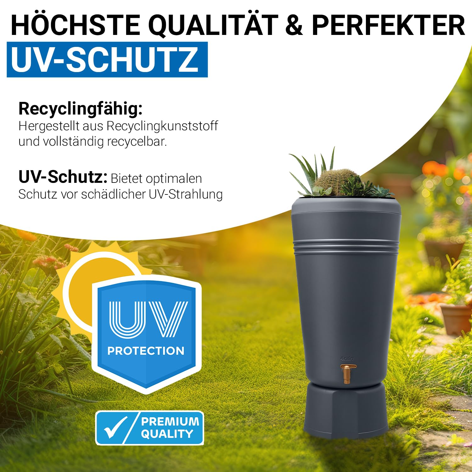 4rain Azura 2in1 Regentonne 120 Liter Graphite Grey inkl. Pflanzschale | und Unterstand, Regenfass mit Hahn, schmale Regenwassertonne in anthrazit, moderner Wassertank für den Garten als Wasserfass
