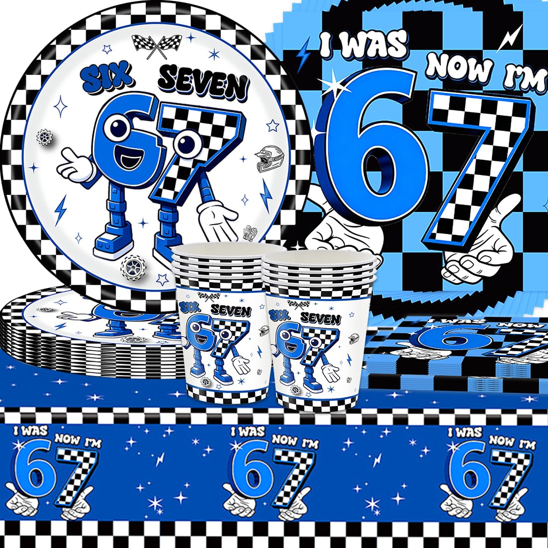 Vajilla de fiesta de 61 piezas Six Seven con manteles y tazas