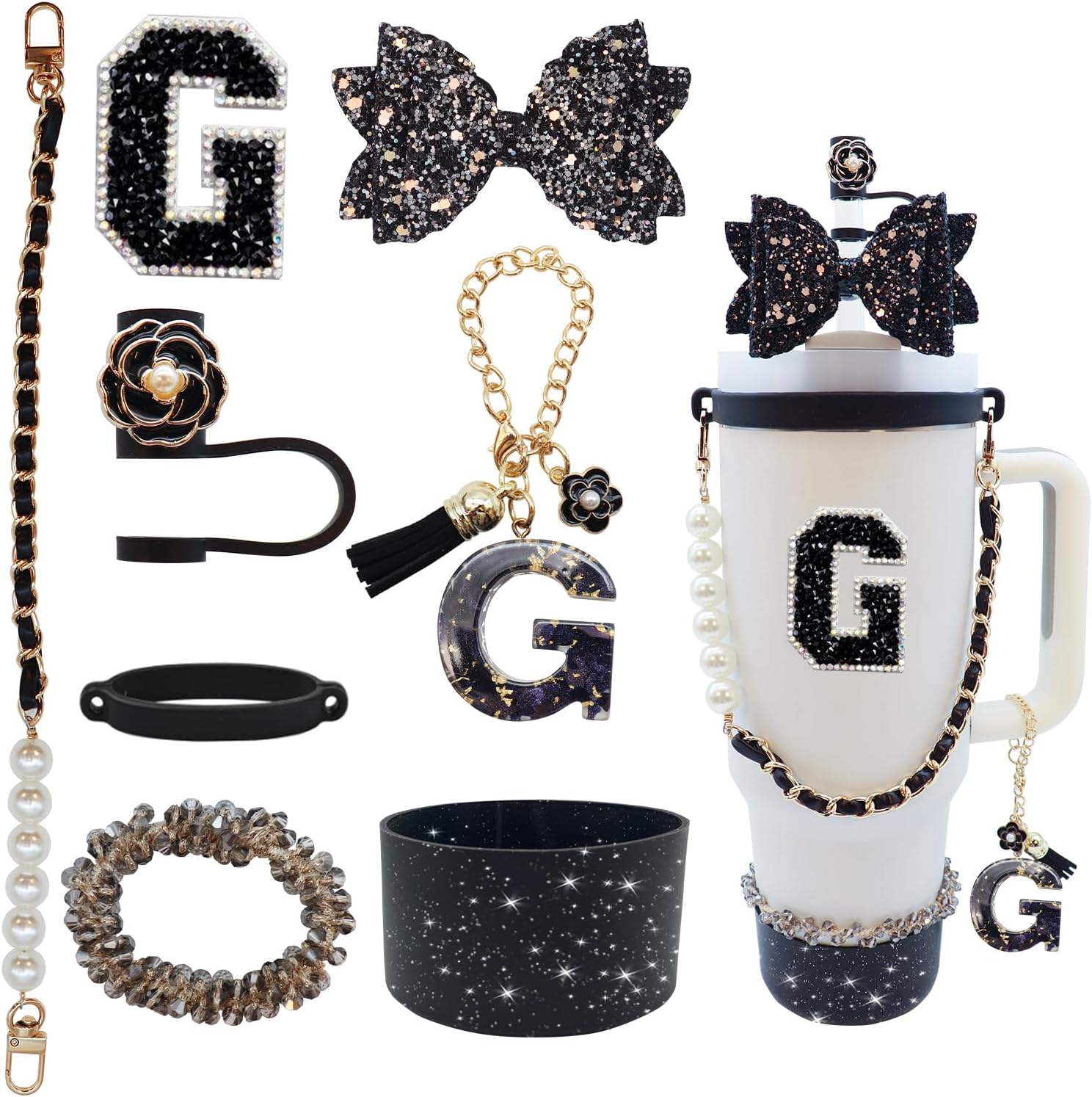 8PCS Black Bow Bling Stanley Cup Accessories Set for 30&40oz-G