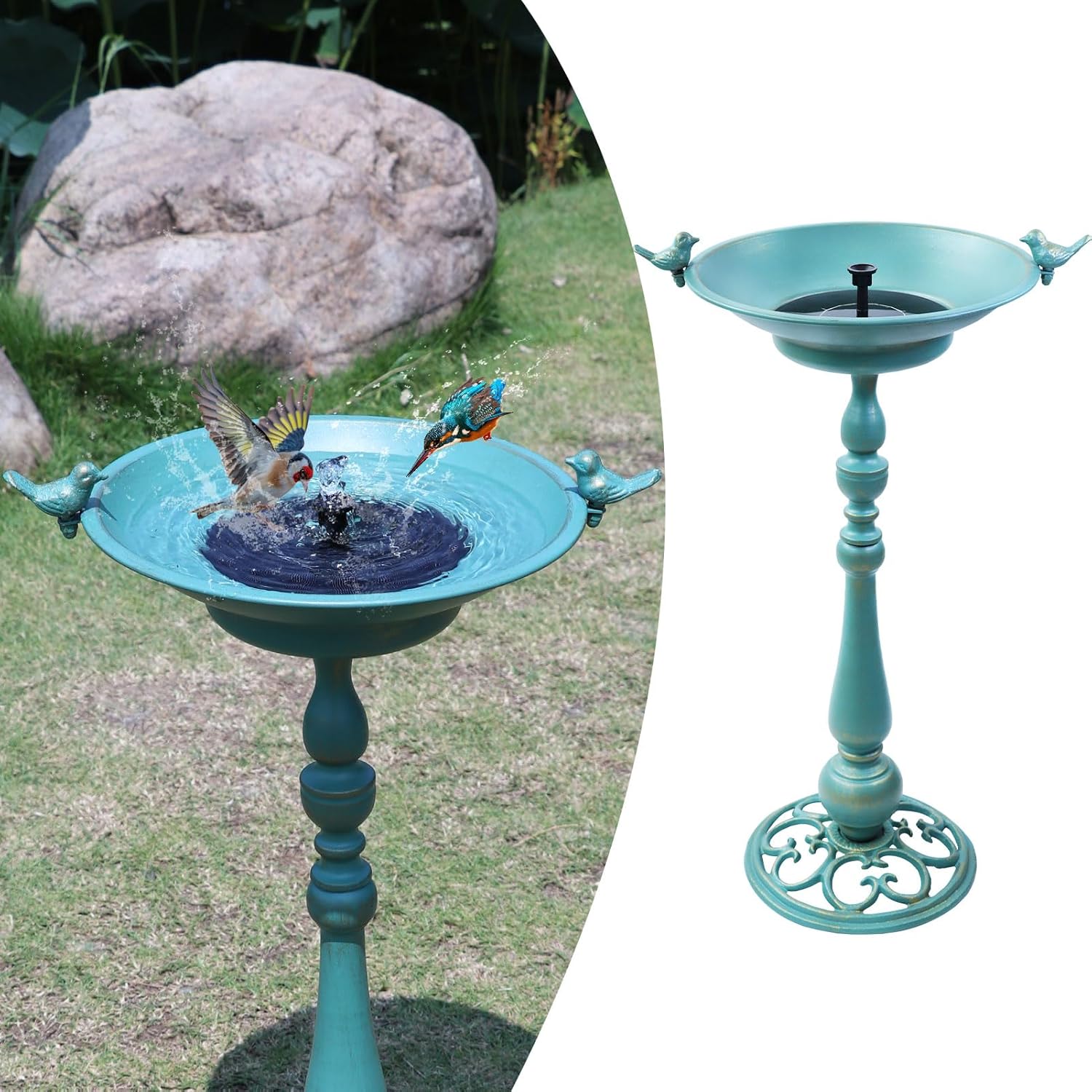 26.6" H Solar Bird Bath, Cast Iron Bird Bath and Solar Fountain, Outdoor Metal Bird Bath Bowl for Outdoors,Patio Yard Lawn Decor（Bronze