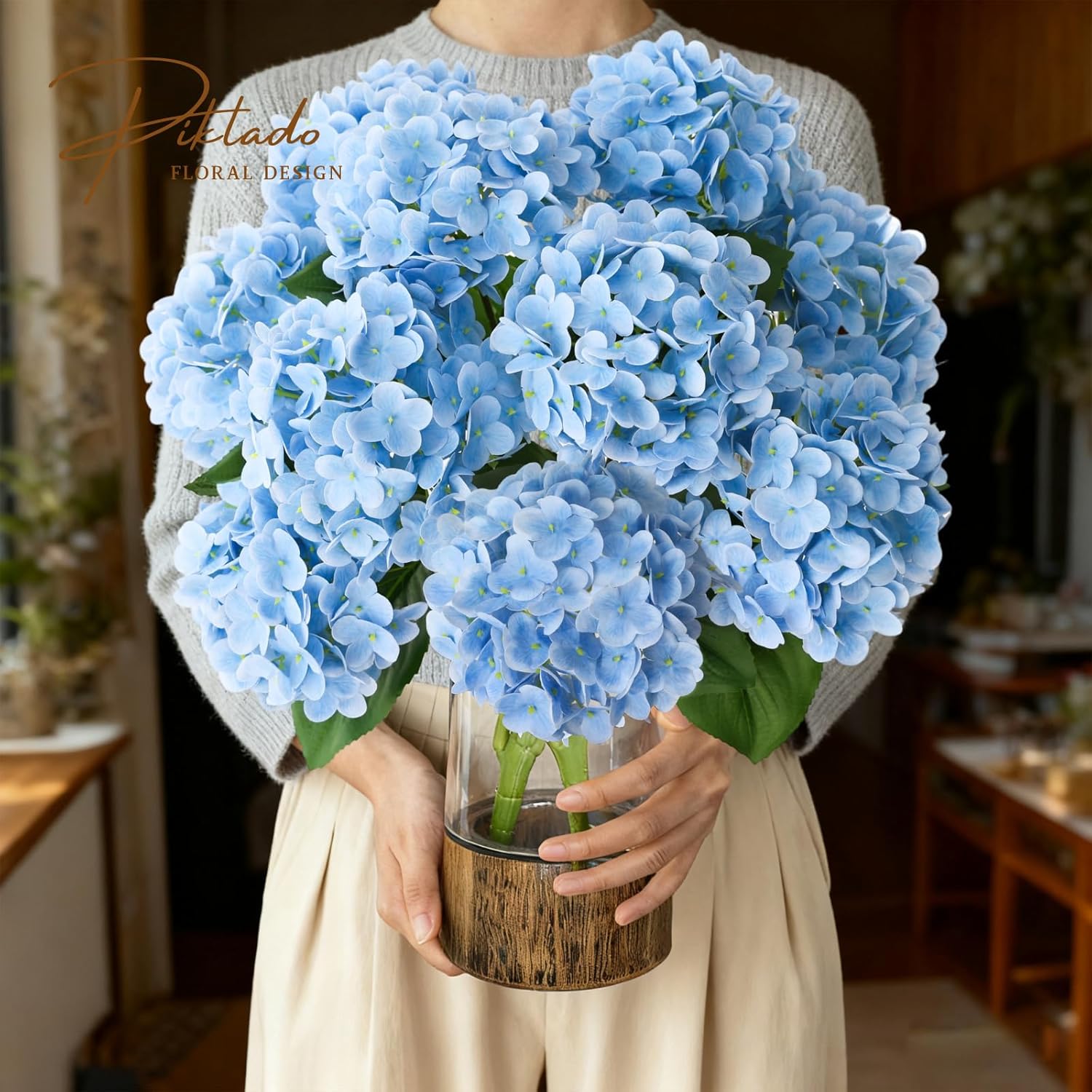 A Bunch 21in, Real Touch Hydrangea Artificial Flowers, with 5pcs Flower Head 10pcs Leaves, Faux Hydrangea Flowers for Home Office Decor Wedding Party Arrangements (1, Blue) - Image 2