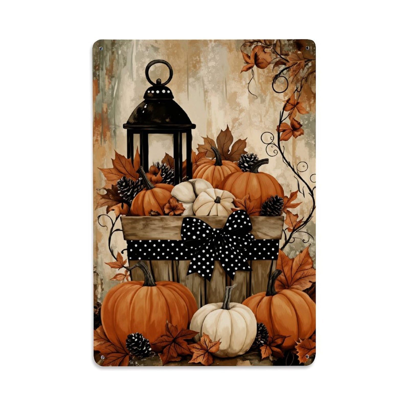 Enderetf Vintage Autumn Leaves Pumpkins Lantern Pinecones Tin Sign Metal Poster, Home Bar Garage Man Cave Cafe Indoor & Outdoor Wall Decoration 8X12inches
