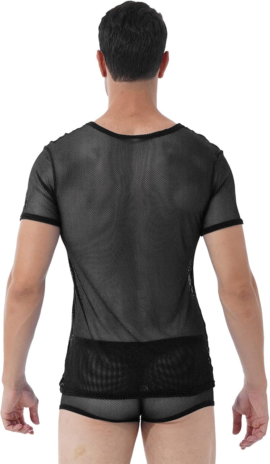 Agoky Men's Mesh Tee Tops Fishnet Muscle See Through Workout Shirt Boxer Shorts Underwear Set