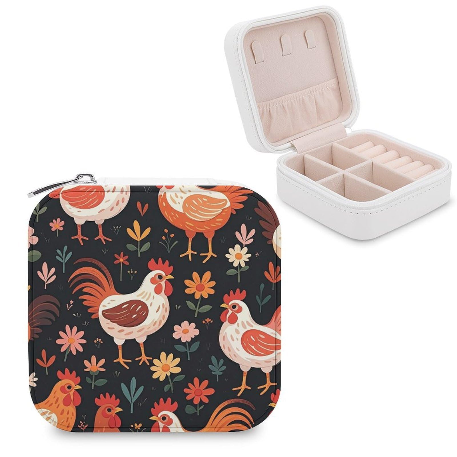 FekiLoot Cute Rooster Chickens Jewelry Case Personalized Leather Jewelry Box Mini Travel Jewelry Case Small Portable Jewelry Organizer for Ring Earrings Necklace Bracelet