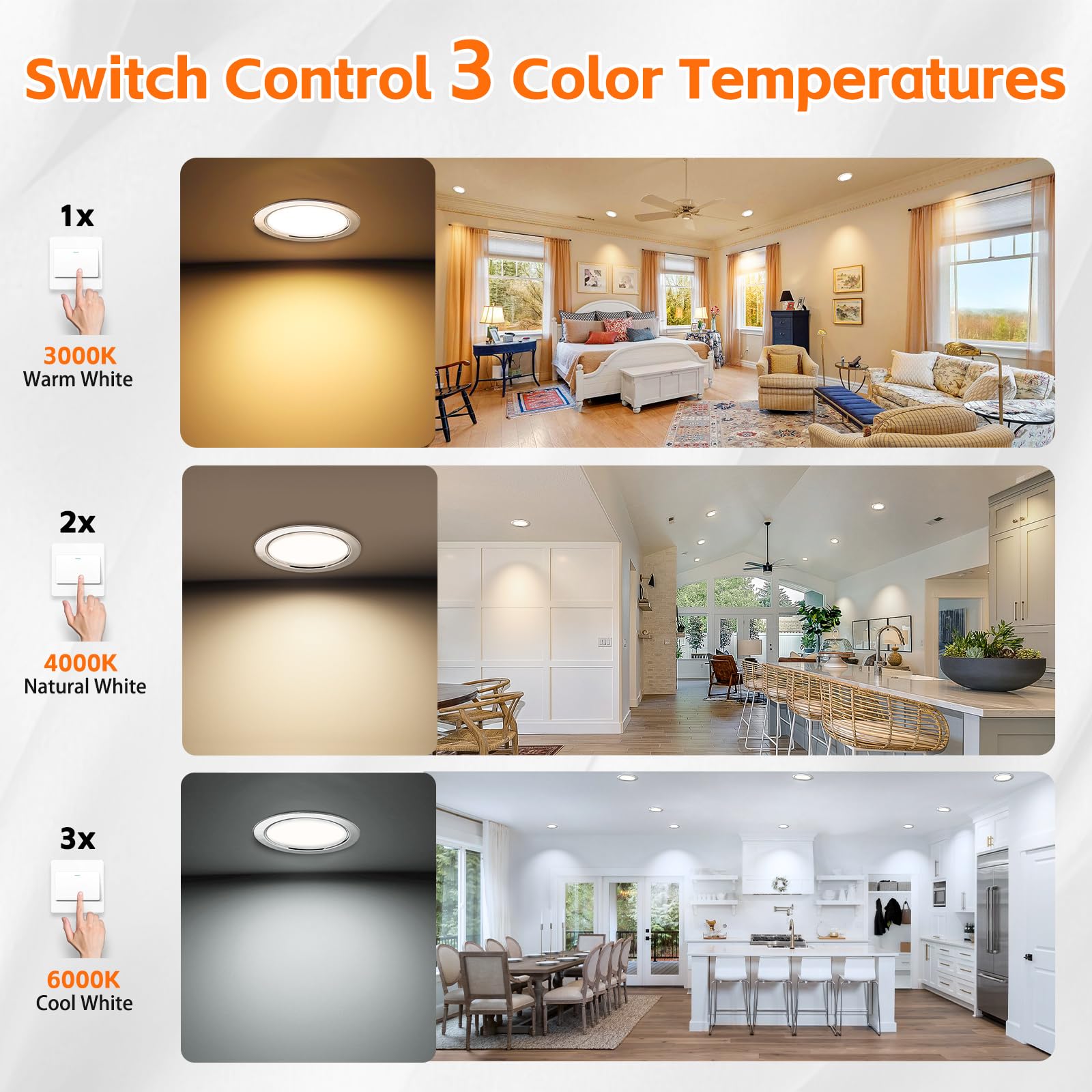 YindaLux Faretto da Incasso LED Set 6 Pezzi, 230V 3W 3000K/4000K/6000K, 15mm Ultrapiatto 300LM Foro 55-58mm, IP44 Soffitto Cromo