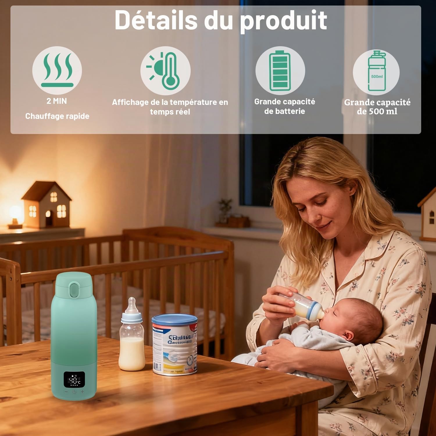 Chauffe Biberon Nomade Sans Fil, Chauffer Rapidement le Lait Maternel et Eau, Batterie Longue Durée, Grande Capacité de 500ml, Chauffe Biberon Portable pour la Maison/Camping/Voyages/Voiture
