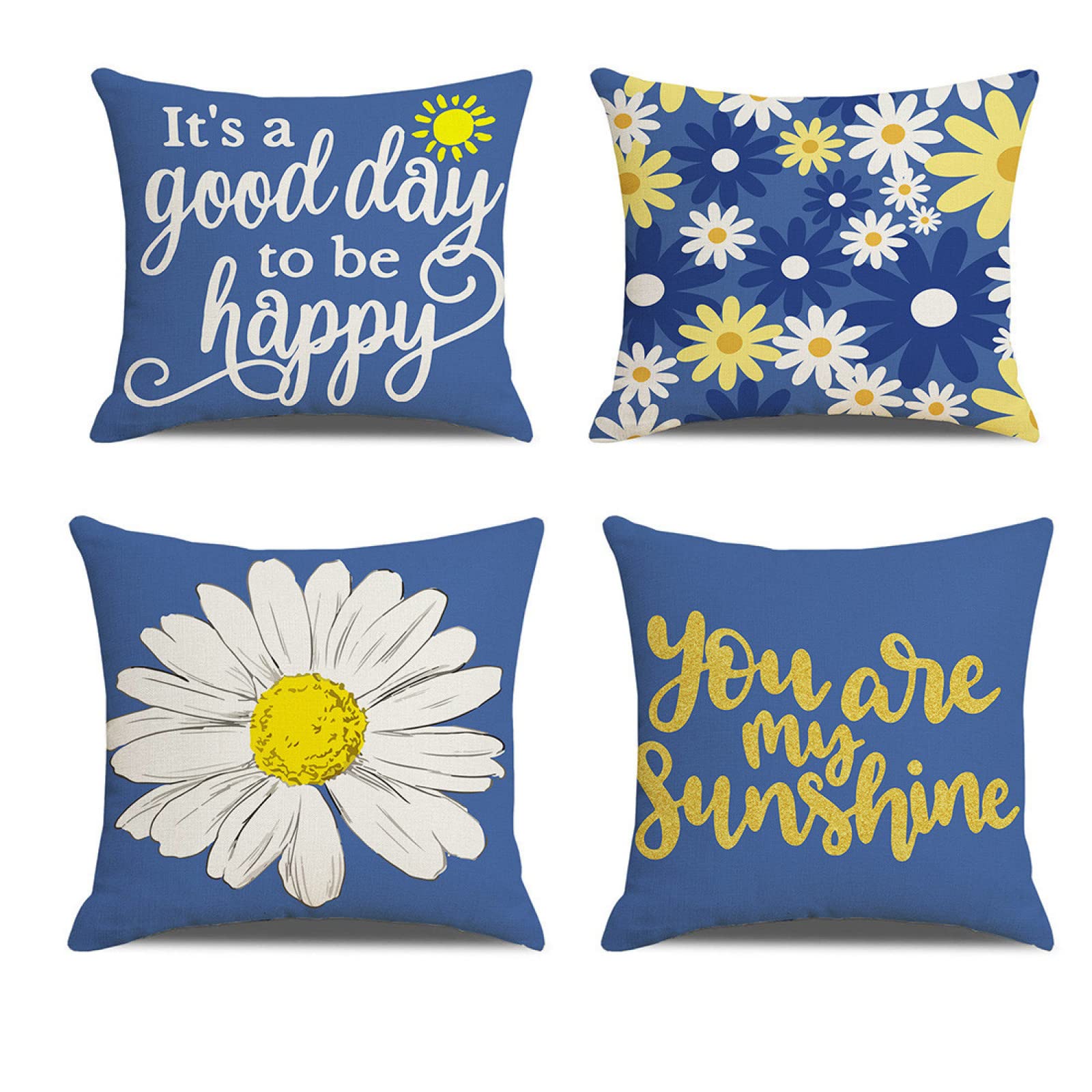 Lot de 4 taie d'oreiller 50x50cm lin blanc bleu housse coussin canapé déco taie carré moderne