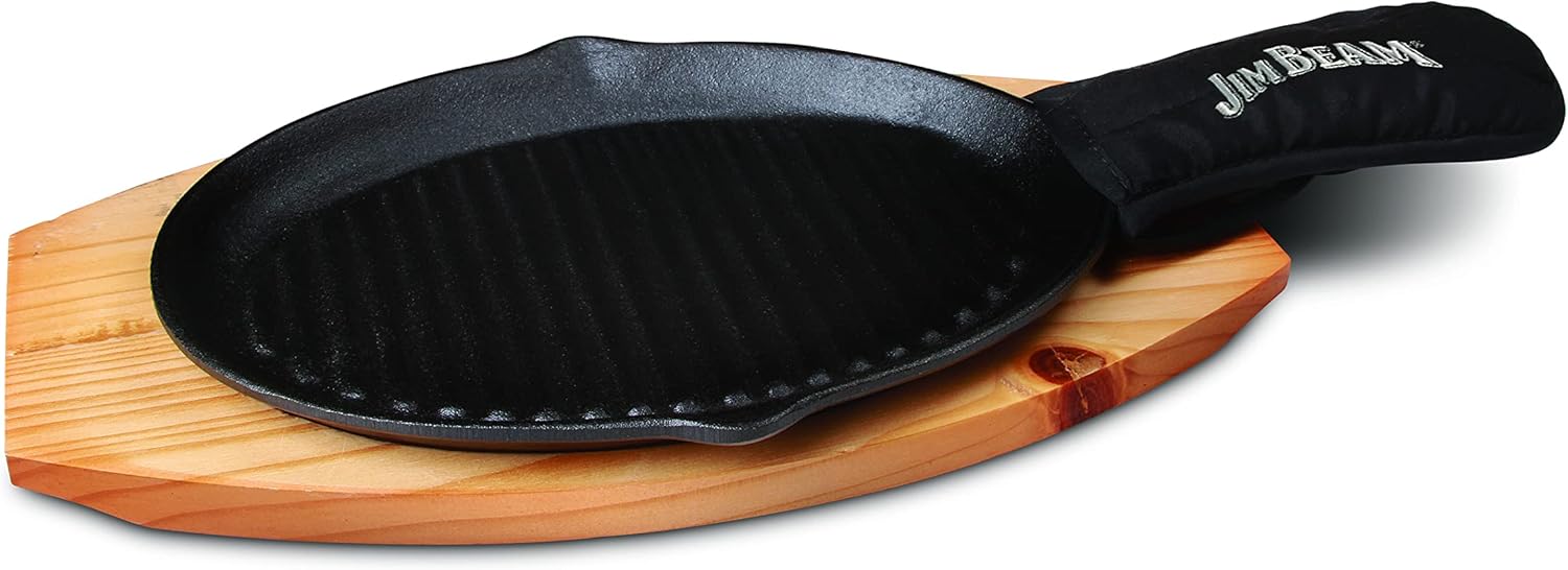 Jim Beam JB0159, Heavy Duty Construction, Pre Seasoned Cast Iron Skillet with Wooden Base and Mitt, Small