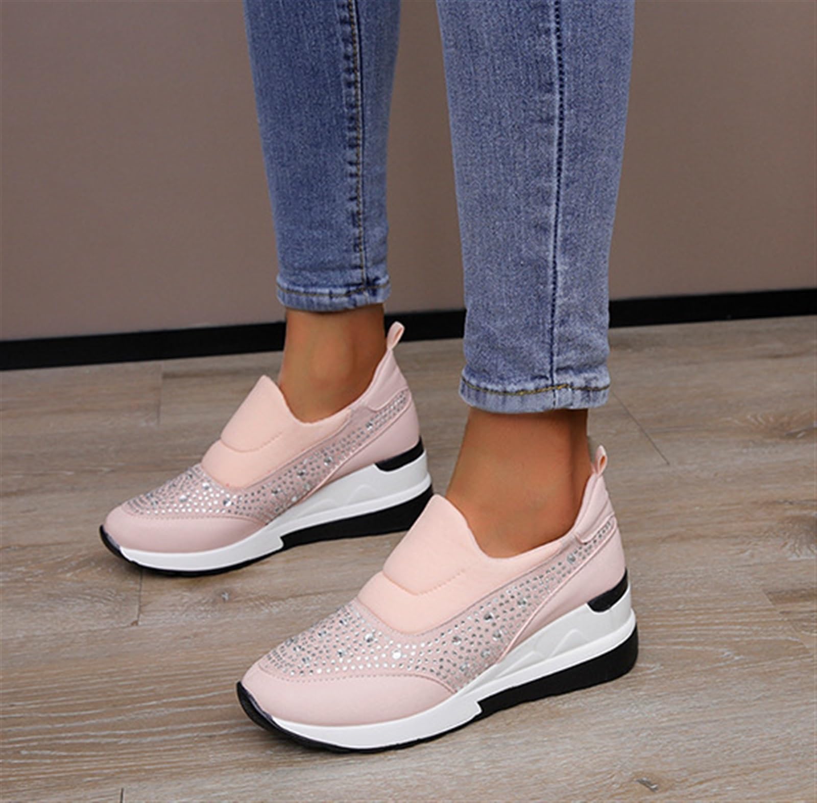 Donna Strass Zeppa Scarpe da Ginnastica Altezza Nascosta Aumento di Altezza Top Alto Punta Tonda Scarpe Sportive in Pelle Allacciate da Matrimonio Escursioni Outdoor Scarpe da Ginnastica