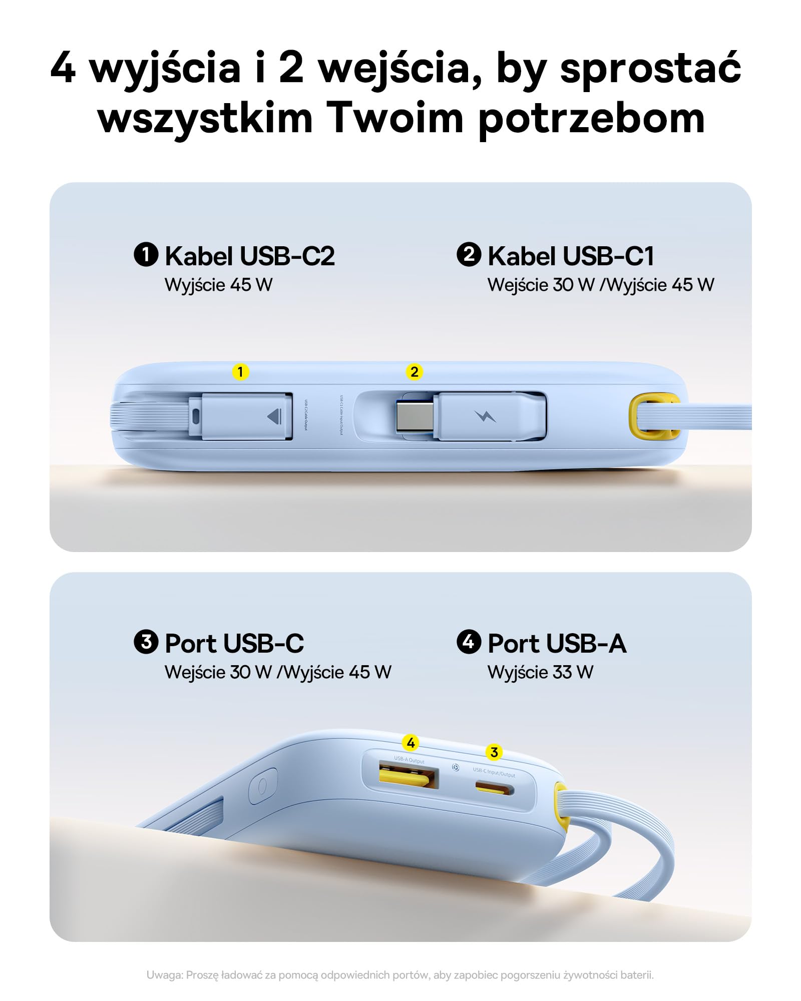 Baseus Powerbank 20 000 mAh 45 W z wbudowanym kablem USB-C, QPow3 Power Bank PD3.0 QC4.0, zewnętrzne akumulatory do telefonów komórkowych, 3 USB-C, 1 USB-A, przenośna ładowarka do iPhone 16/15/14 Pro