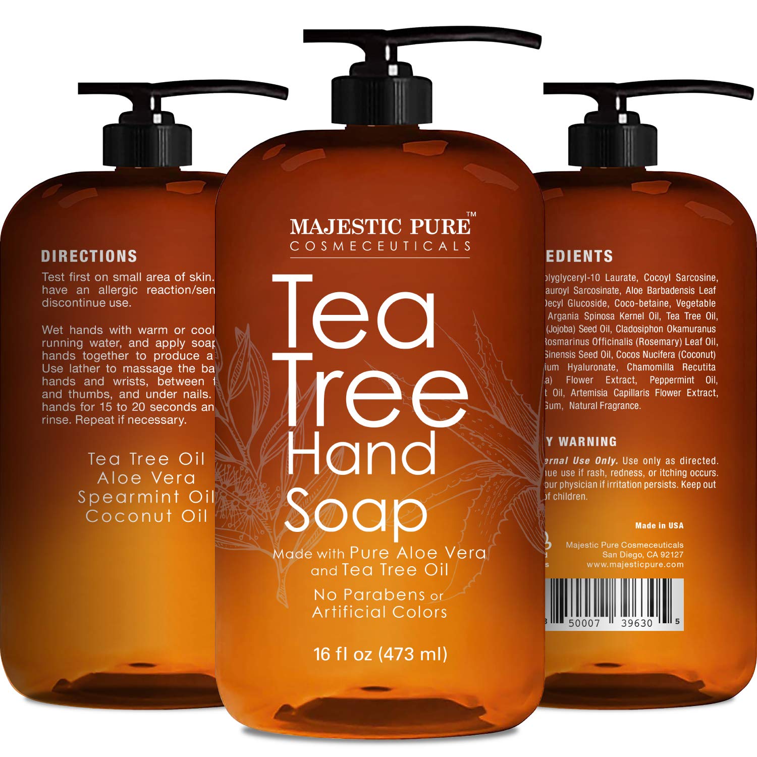 Majestic Pure Tea Tree Hand Soap - Liquid Hand Wash with Pure Aloe Vera, Rosemary & Spearmint - Hand Wash with Pump - Sulfate Free Formula -16 fl oz