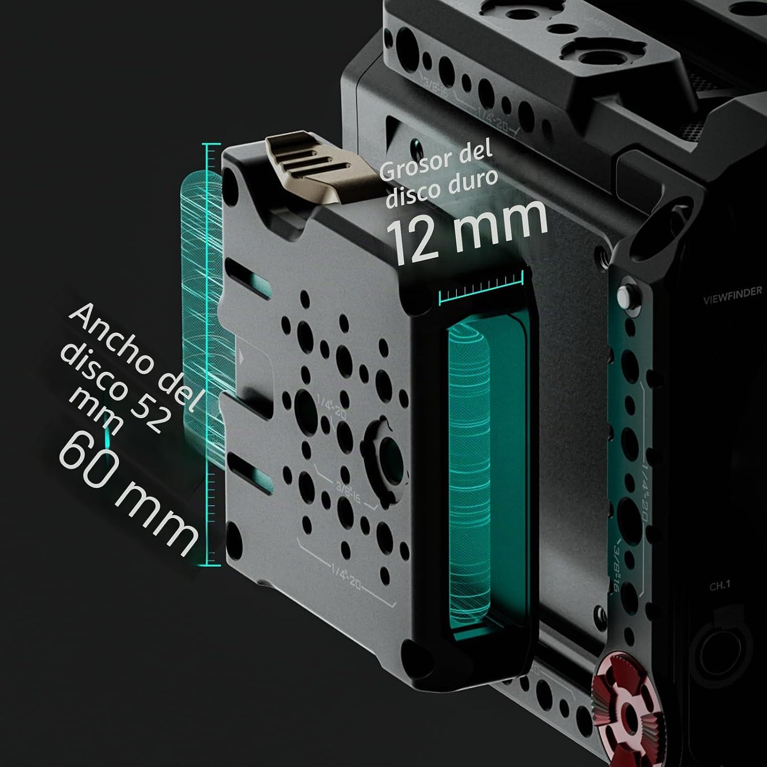 Primer pla view of the SSD mounting slot on the Tilta Pyxis 6K/12K camera cage, indicating compatibility with hard drives 52mm to 60mm wide and up to 12mm thick.