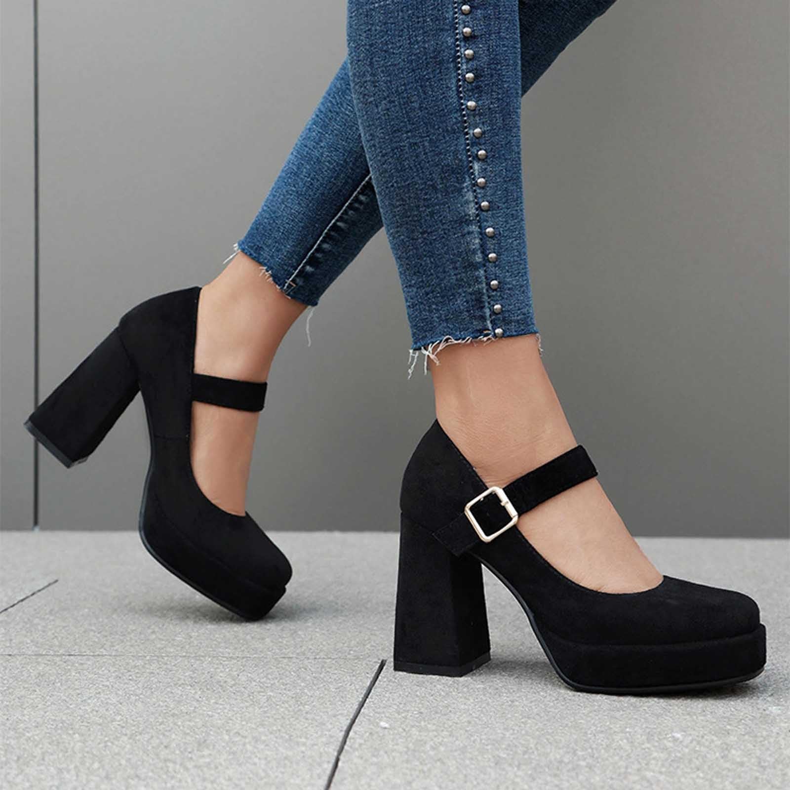 Scarpe eleganti da donna con tacco alto, suola spessa, punta quadrata, per feste eleganti, design classico con cinturino in metallo regolabile, versatile
