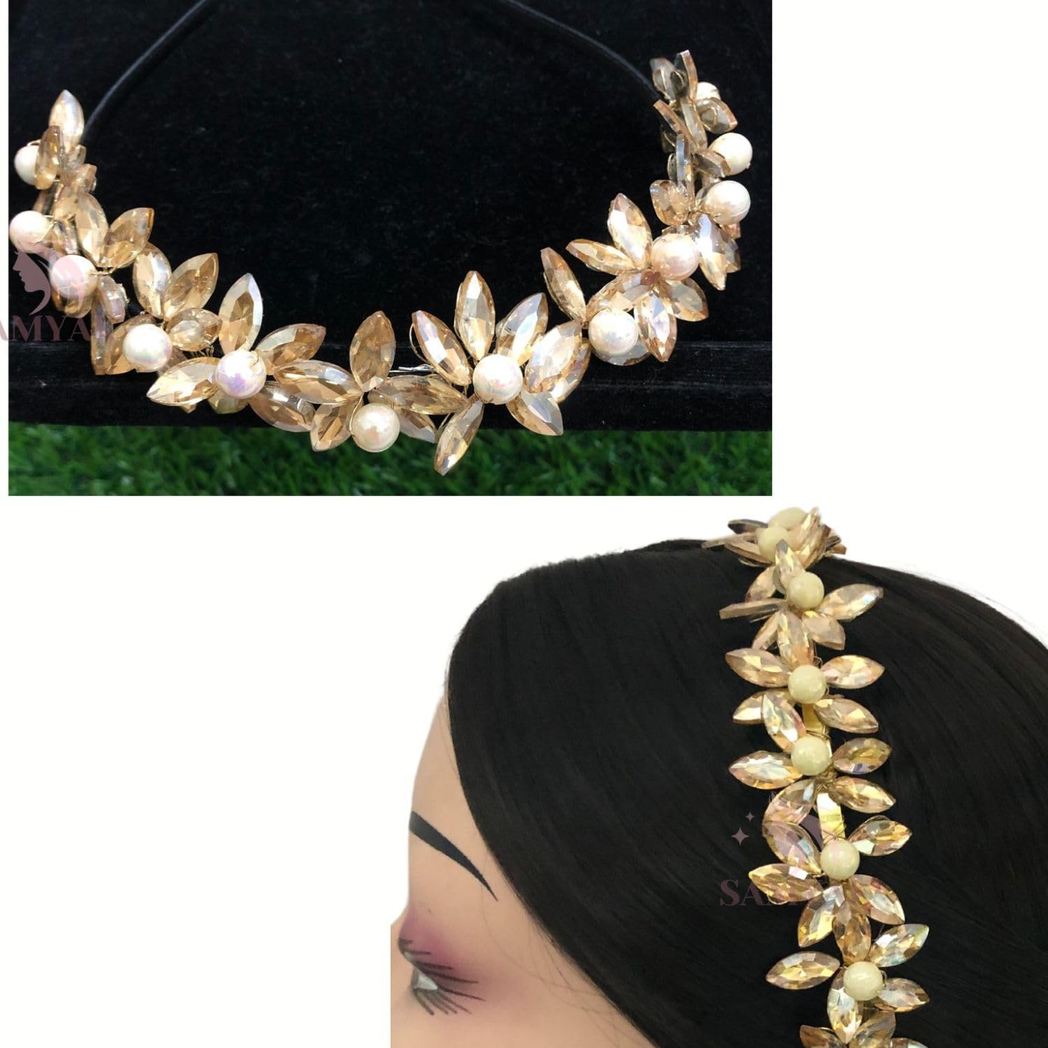 Studded Metal Hairband Fancy Hairstyle For Women & Girls Trendy Party Headband Hair Accessories (Gold, Medium)-image-10
