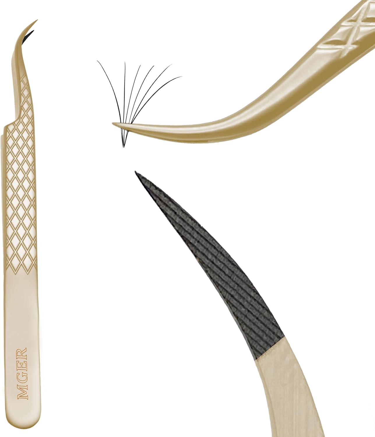 MGER Lash Tweezers for Eyelash Extensions,Diamond Grip 90 Degree Fiber Tip Volume Lash Extension Tweezers,Gold (7Pcs Tweezers Set)