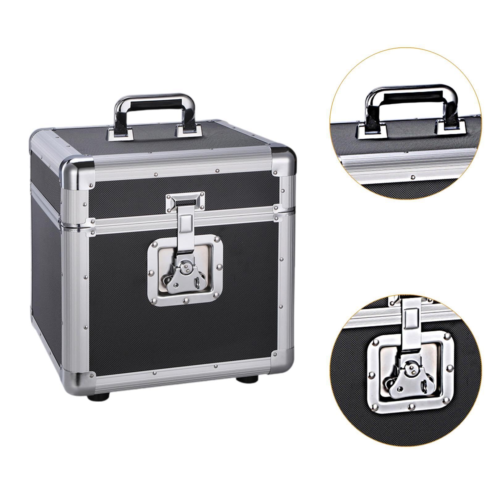 Scatola Porta Dischi Vinile Custodia Archiviazione Organizzatore Cassettina Maneggevole Alluminio Robusto Resistente All'umidità con Blocco per DJ App, L Black