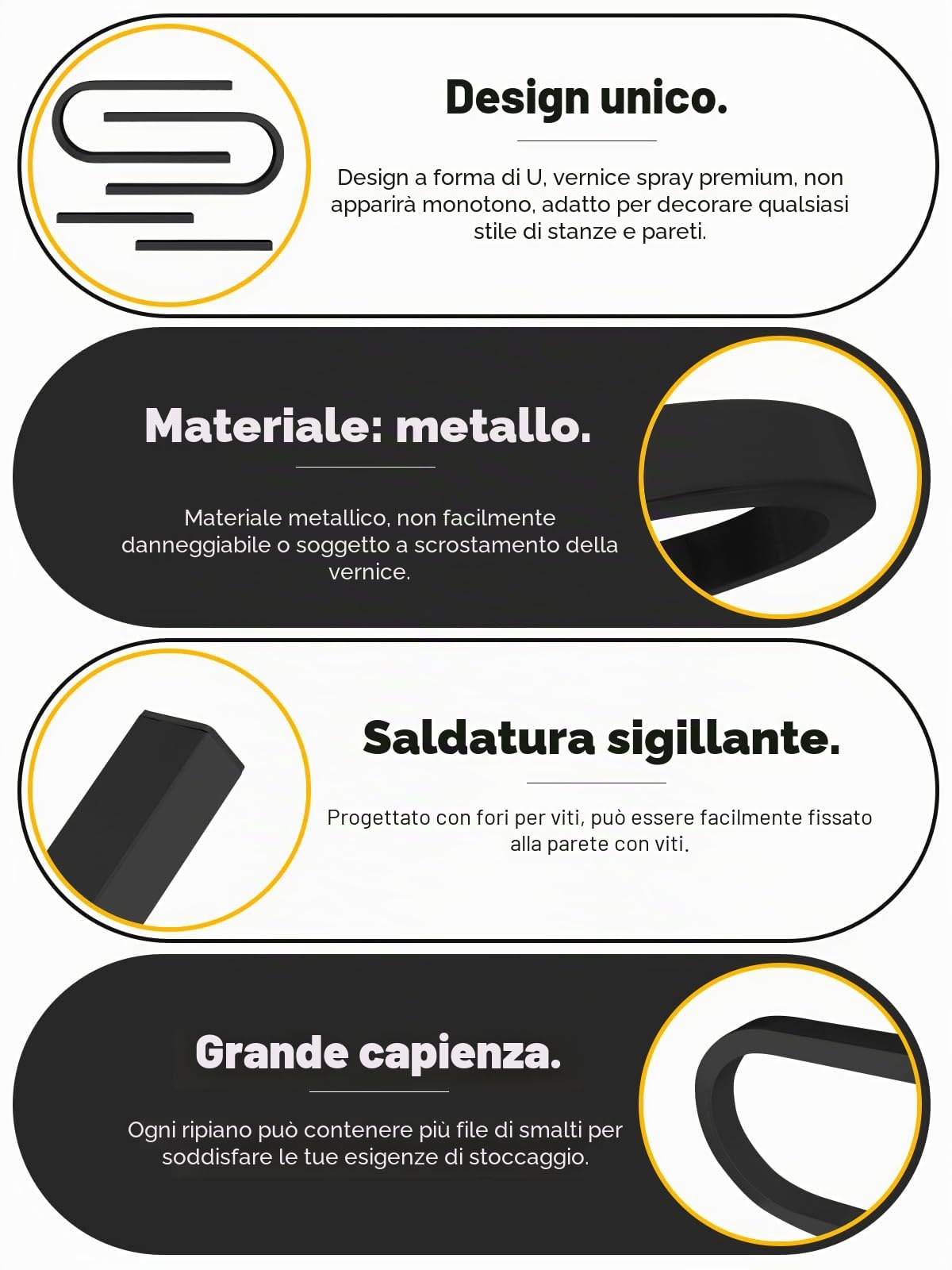 U forma Scaffali Porta Smalti Unghie Montati Parete Metallo, Kalolary 6 pezzi Espositore Nero Cosmetici Espositore Mensola Parete Profumi Organizer Oli Essenziali Flaconi Smalto Unghie Spa Salone