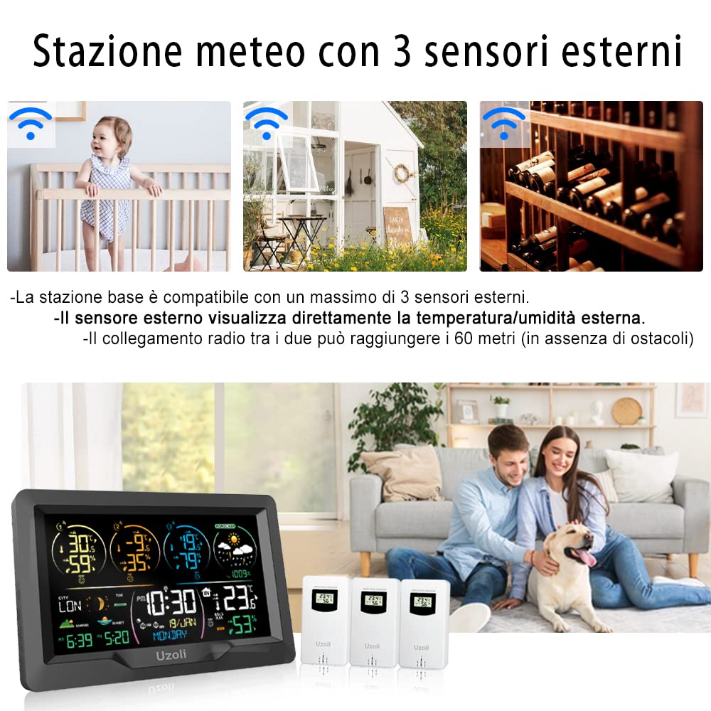 Uzoli Stazione Meteo con 3 sensori termometro igrometro interno esterno orologio radiocontrollato previsione del tempo pressione aria alba tramonto maree fase lunare rischio muffa EM3390