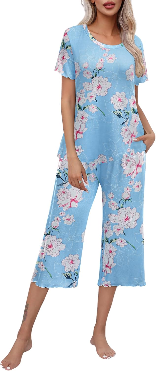 Ekouaer Women's Pajamas Set Short Sleeve Top With Capri Pants Pjs Lounge & Sleepwear Set S-XXL
