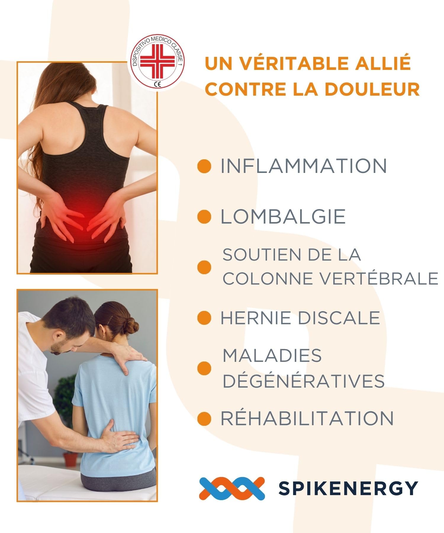 Spikenergy Ceinture Lombaire Femme Homme èlectromagnétothérapie - h28 cm Support Lombaire, Mal au Dos, Dispositif Médical Déductible - Made in Italy