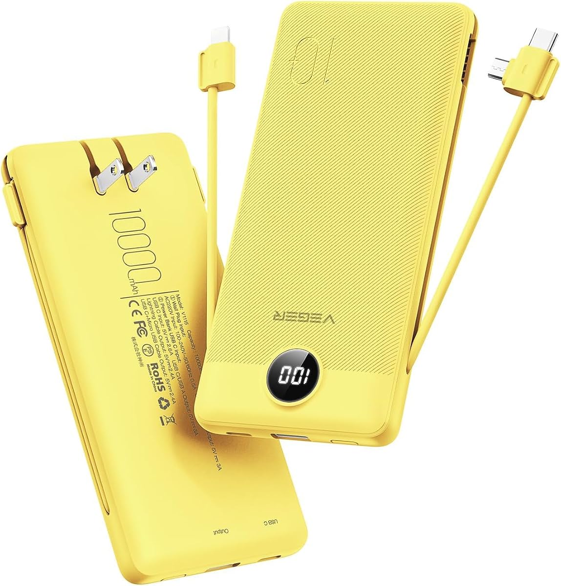 VEGER Cargador Portátil para iPhone, Power Bank con Cables Incorporados y Enchufe de Pared | 10000 mAh, delgado y compacto, 5 salidas, pantalla LED, paquete de batería para iPhone, Samsung, elementos esenciales de viaje para viajes de Camping y cruceros