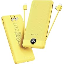 VEGER Portable Charger, Ultra Slim Power Bank Built-in AC Plug and Cables | 10000mAh All in One USB C External Battery Pack, Travel Essentials, Compatible with iPhone, iPad, Samsung, Android, Yellow
