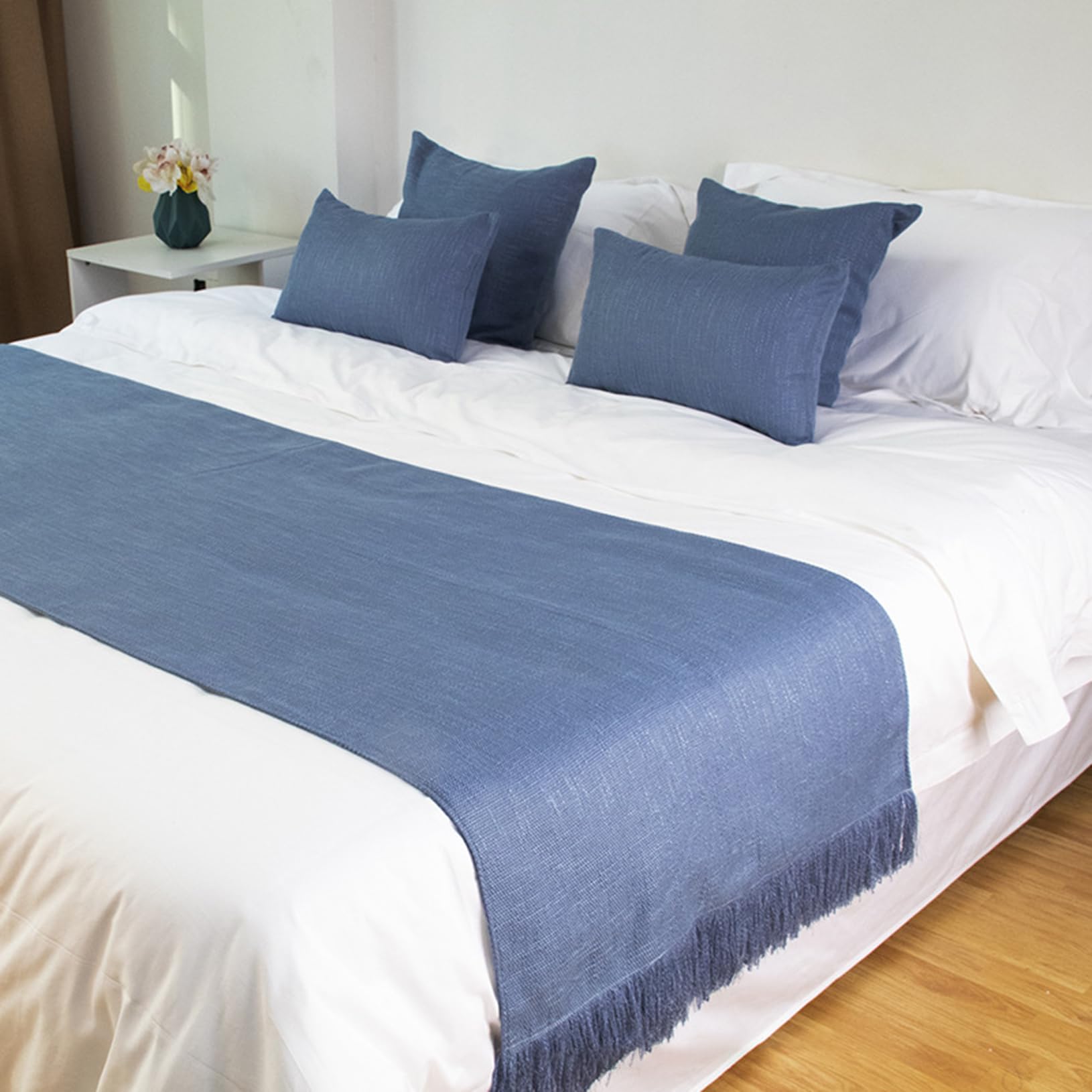 TTiiLoe Linen Bed Runner with Tassel, Solid Color Bed Scarf Wedding Bedspreads Bed Cover Protection for Hotel Bedroom Decor, Blue, 50 * 210cm for 1.5m Bed