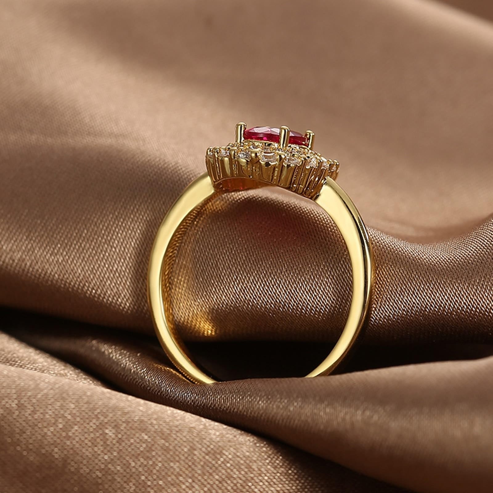 9 Karat/14 Karat/18 Karat Gelbgold Damen Ring Laborgeschaffener Rubin Rot, Damen Ring Halo