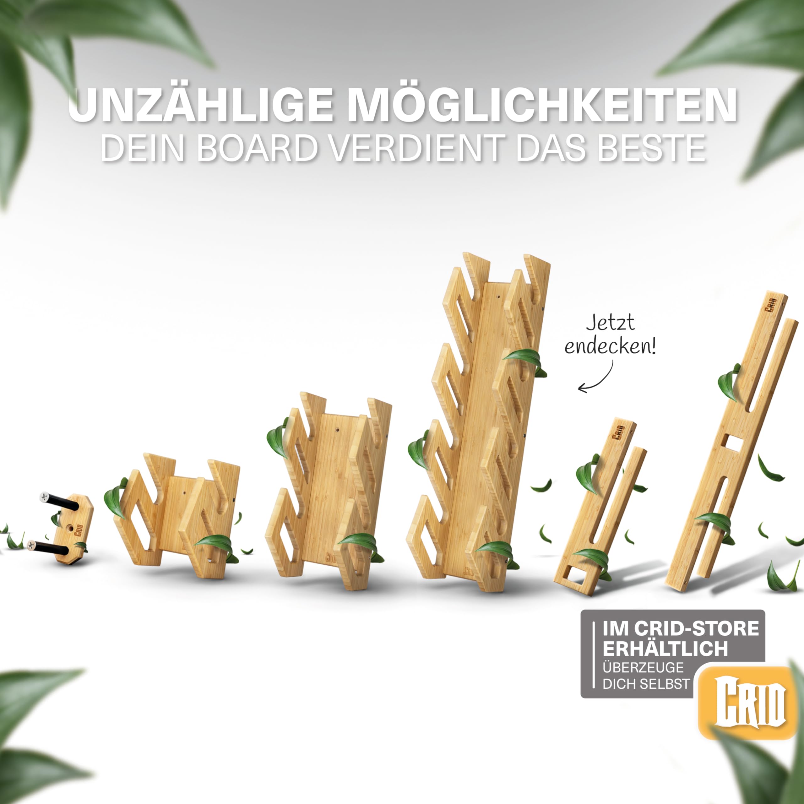 CRID® Lot de 4 supports muraux en bambou durable avec kit de montage, pour accrocher des planches telles que des skateboards, des longboards, des wakeboards et des kiteboards,Support mural en bois