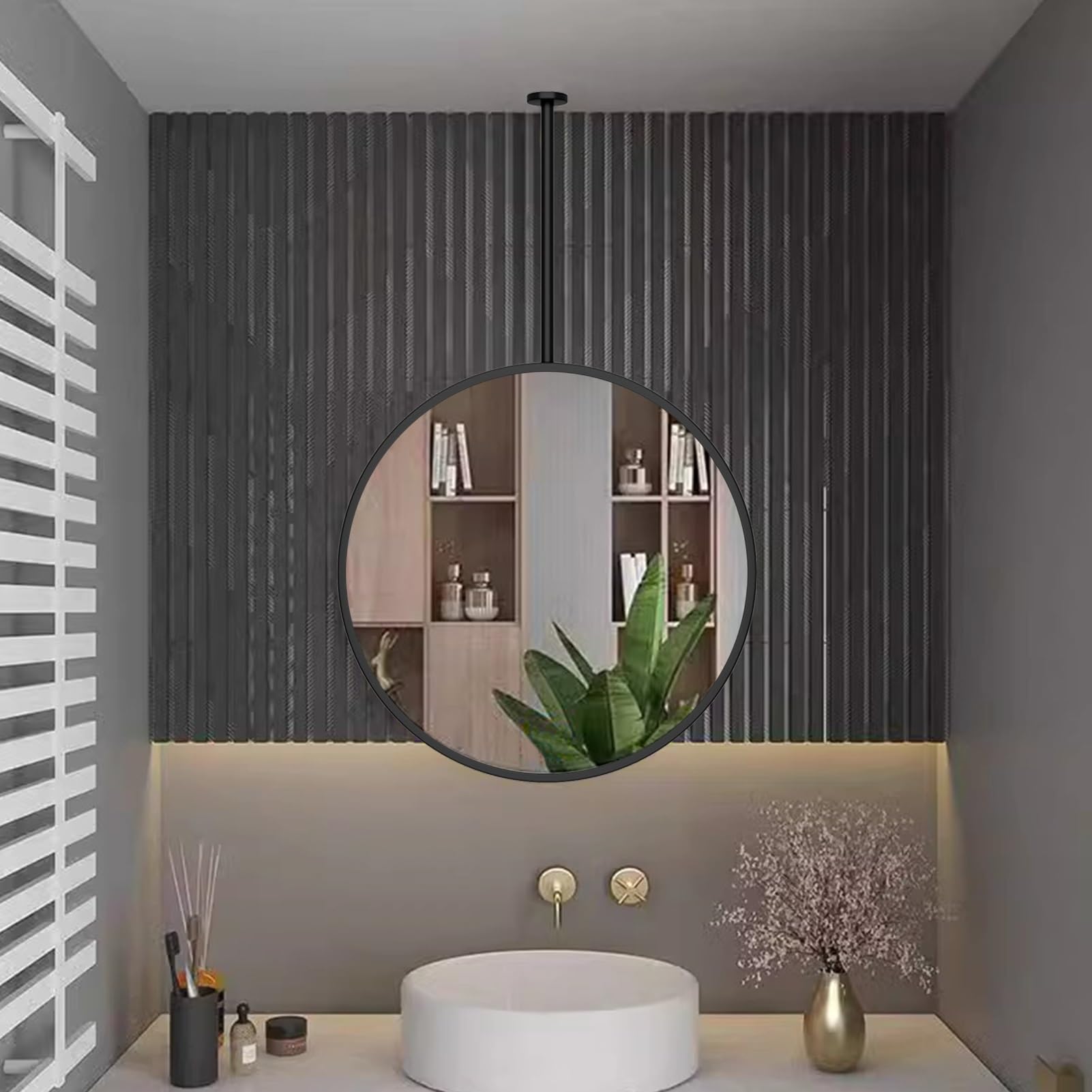 SXFSDOU Modern Hanging Rod Mirror, Large Circle Mirror for Bathroom Cloakroom, Ceiling Mounted with Black Metal Frame and Boom - Customized, Vanity Make up Mirror(Diameter-50CM/19.7INCH)