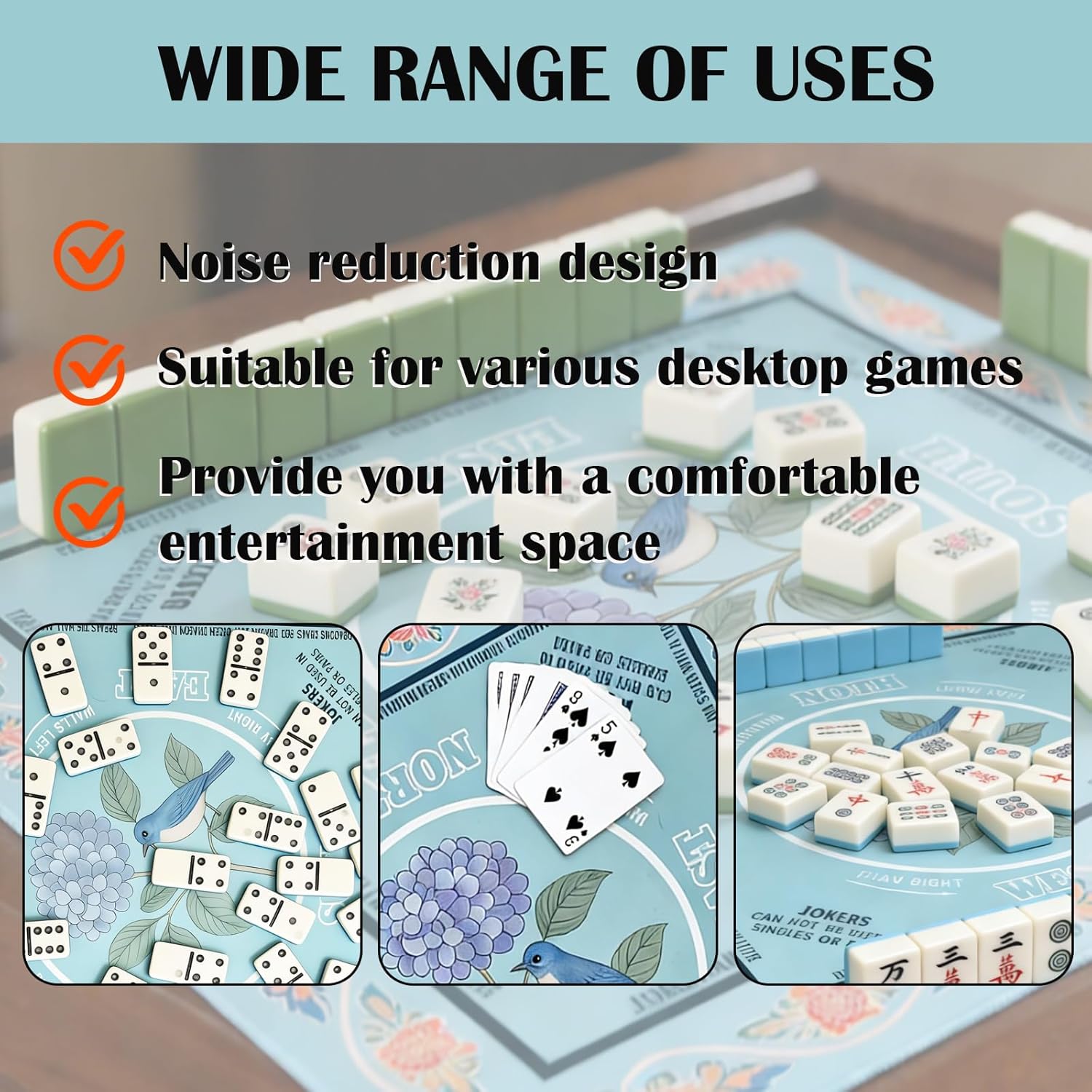 Mahjong Mat for Table, 31.5 x 31.5 Inches, Waterproof Non-Slip Noise-Reducing Mahjong Game Mat, Hydrangea Pattern, Easy-Clean Surface with 4 Dice for Home & Travel